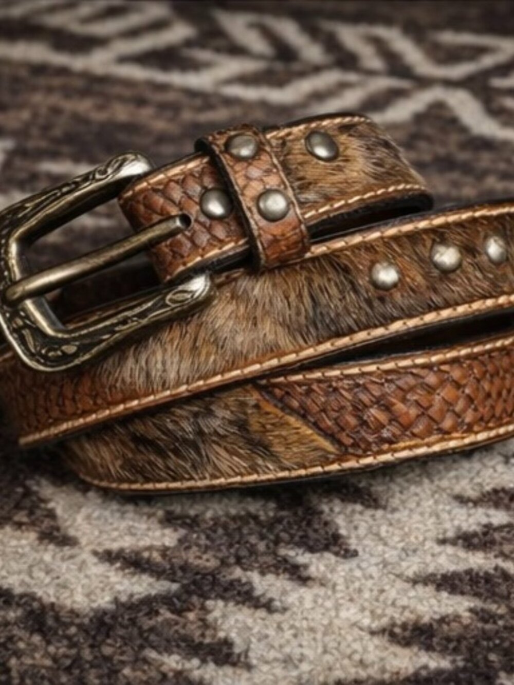 Western Hair On Cowhide Leather Belt Brown Tooled Basketweave- Child